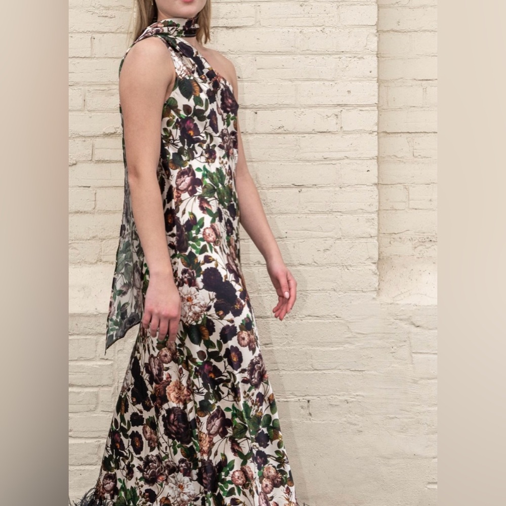 Worn Once | Vasiliki Atelier Liya Asymmetric Silk Maxi Dress with Faux Feather - Picture 3 of 5